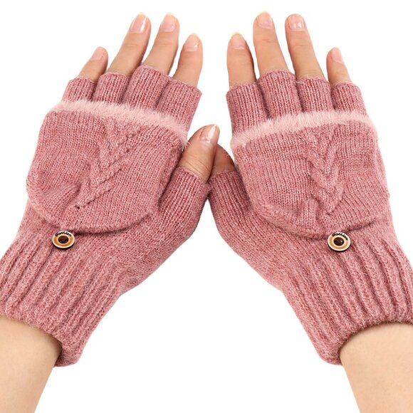 2/$30 Pink Knit Convertible Fingerless Gloves with Mitten Cover Hand Warmers - Picture 4 of 4